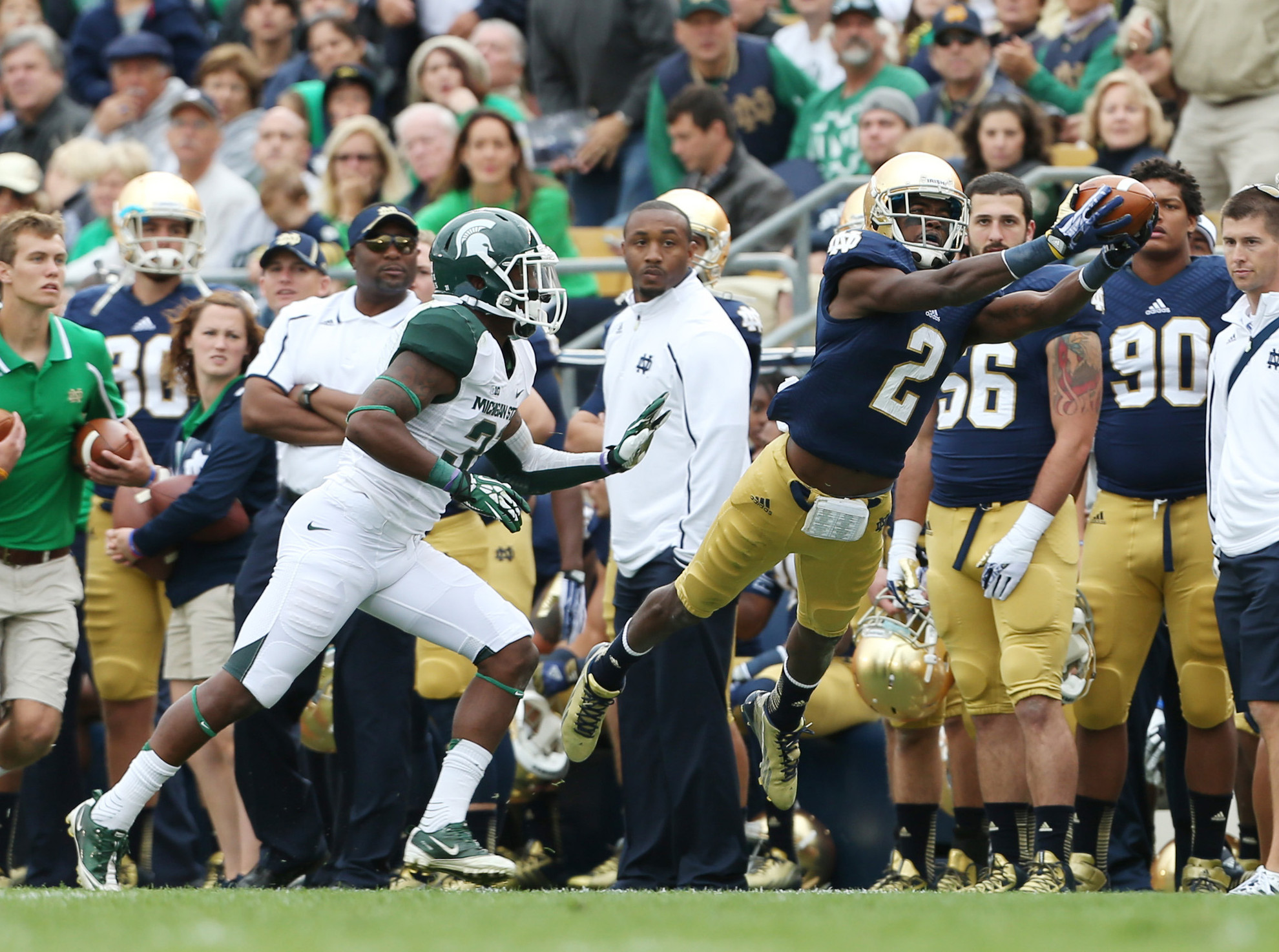 No. 22 Notre Dame Edges Michigan State, 17-13 Chris Brown extends for a diving catch.