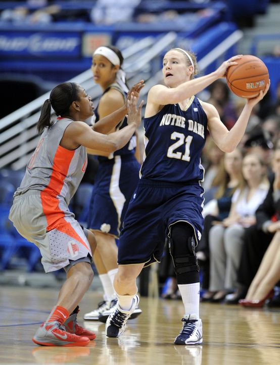 Notre Dame's Natalie Novosel is guarded by Connecticut's Tiffany Hayes.