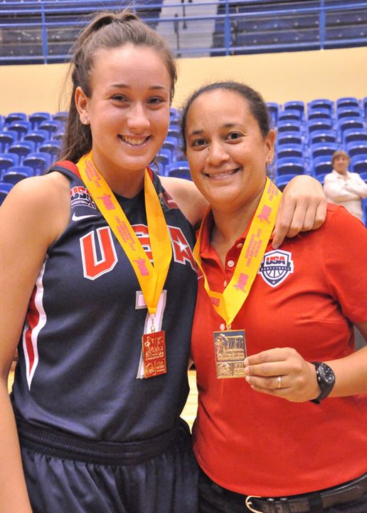 Notre Dame freshman guard Michaela Mabrey and athletic trainer Anne Marquez show off their gold medals after helping the United States to a 5-0 record and the title at the FIBA Americas U18 Championship that concluded Sunday night in Gurabo, Puerto Rico.
