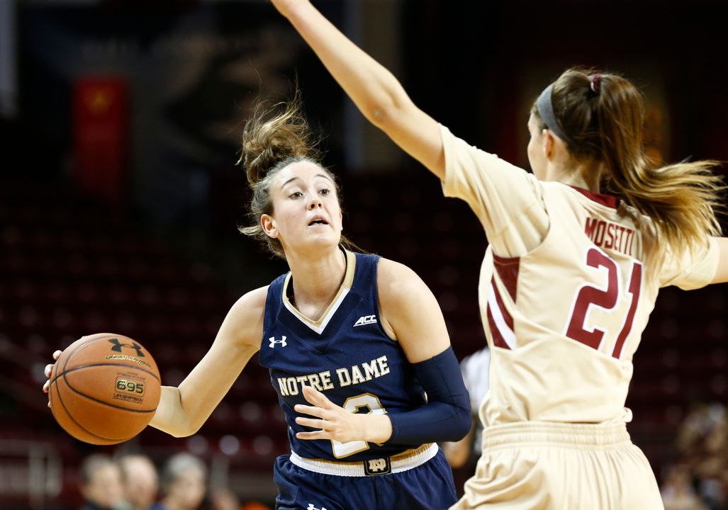 Michaela Mabrey scored a career-high 20 points and tied her personal best with six three-pointers in Notre Dame's 89-56 win at Boston College Sunday afternoon.