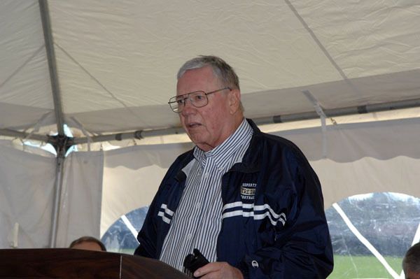 John "Rees" LaBar ('53) speaks at the groundbreaking ceremony for Notre Dame's new football practice fields, which will be completed in time for next season.