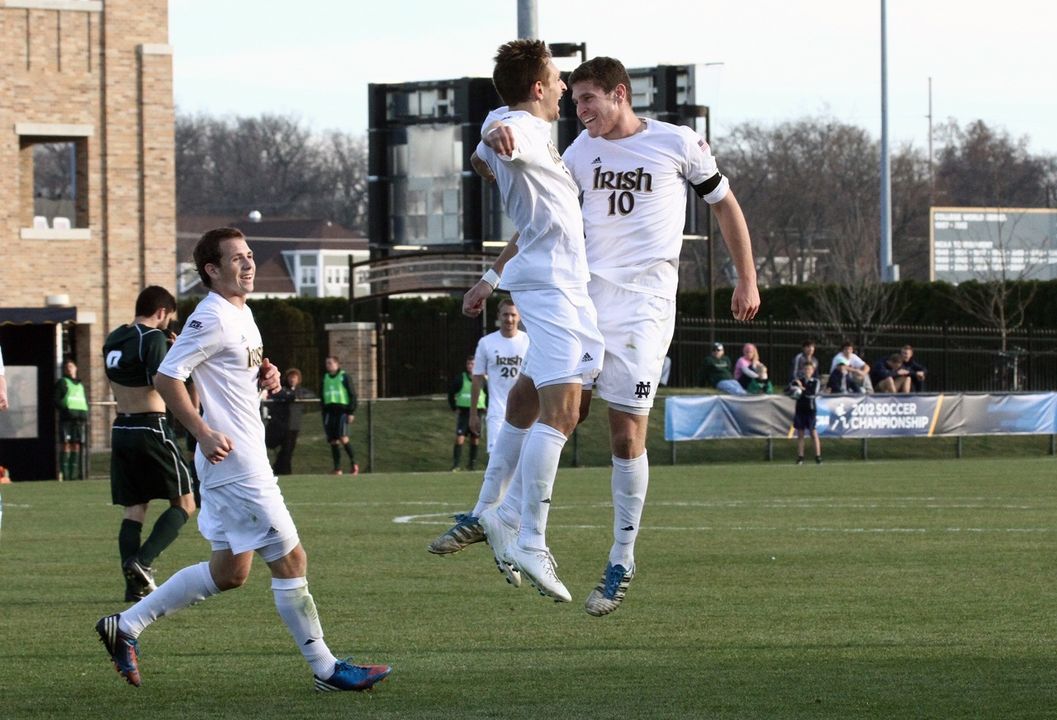 Max Lachowecki (left) and Dillon Powers celebrate Lachowecki's goal in the 80th minute.