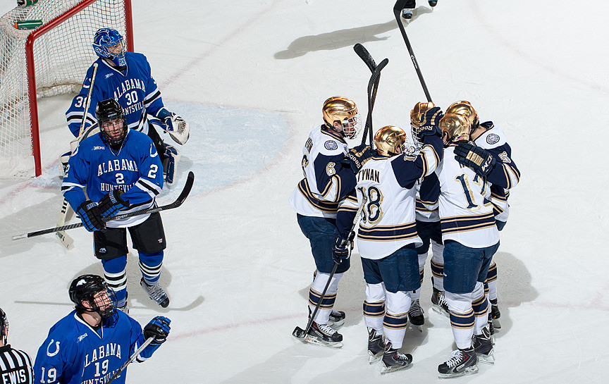 Bryan Rust Hat Trick Leads Irish To 7-1 Win Over Alabama Huntsville The Irish celebrate a goal versus Alabama Huntsville in the 7-1 win on Friday night.