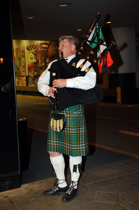 This bagpiper was among a sizeable group on hand to greet the Notre Dame hockey team upon arrival in Denver Tuesday night for the NCAA Frozen Four.