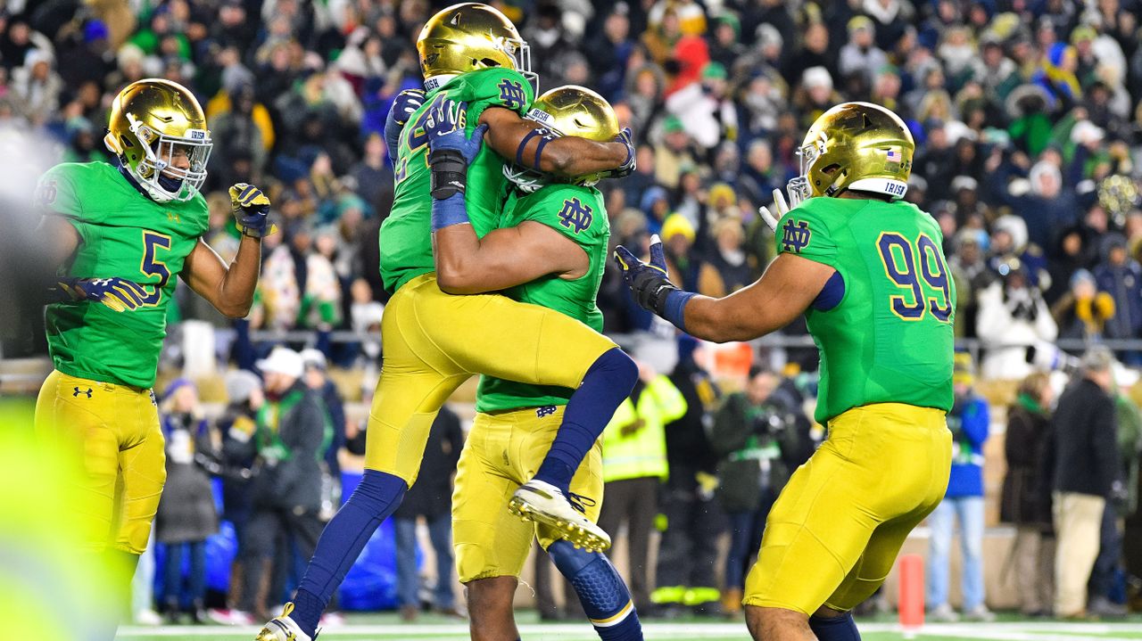 The Irish defense celebrates after a big play in the Florida State game