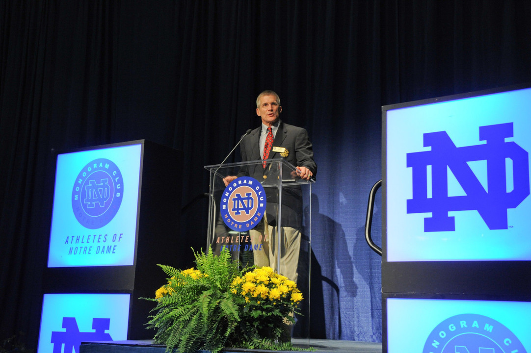 Monogram Club president Joe Restic '79 (football) addressed the crowd at the Blue-Gold Alumni Football Dinner Friday night.