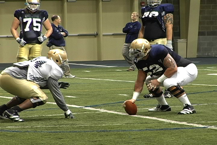Football Update: Wednesday, April 6 Center Braxston Cave and his fellow offensive linement went one-on-one today against the Irish defensive linemen in the 'rodeo' drill.