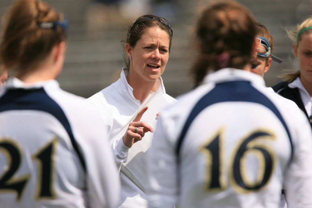 Notre Dame assistant coach Kateri Linville leads a group of Irish coaches and former players who will serve as coaches at the Swarm Girls Lacrosse Camp in St. Paul, Minn.
