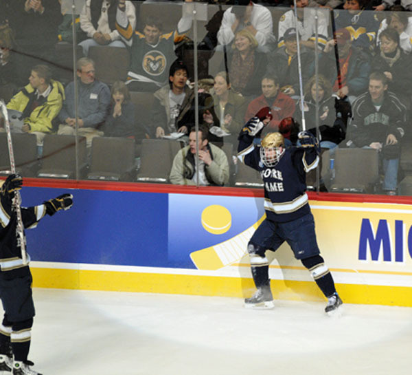 Irish Play For First National Title Against Boston College Saturday Ryan Thang celebrates after his shorthanded goal against Michigan in the NCAA Frozen Four semifinal - 4/10/08 (photo by Michael Bennett)
