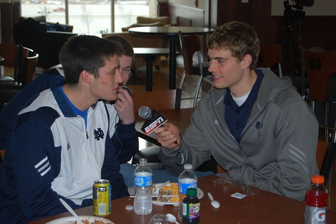 Tim Abromaitis interviews some of his teammates while waiting for the NCAA Selection Show