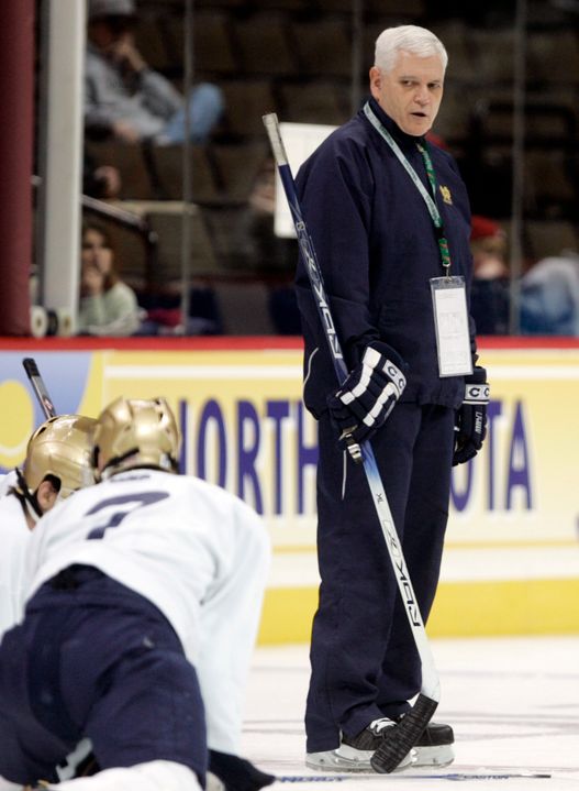 Jeff Jackson watches his team prepare for the 2008 NCAA Regionals in Colorado Springs, Colo.  The Irish advanced to the Frozen Four that season.