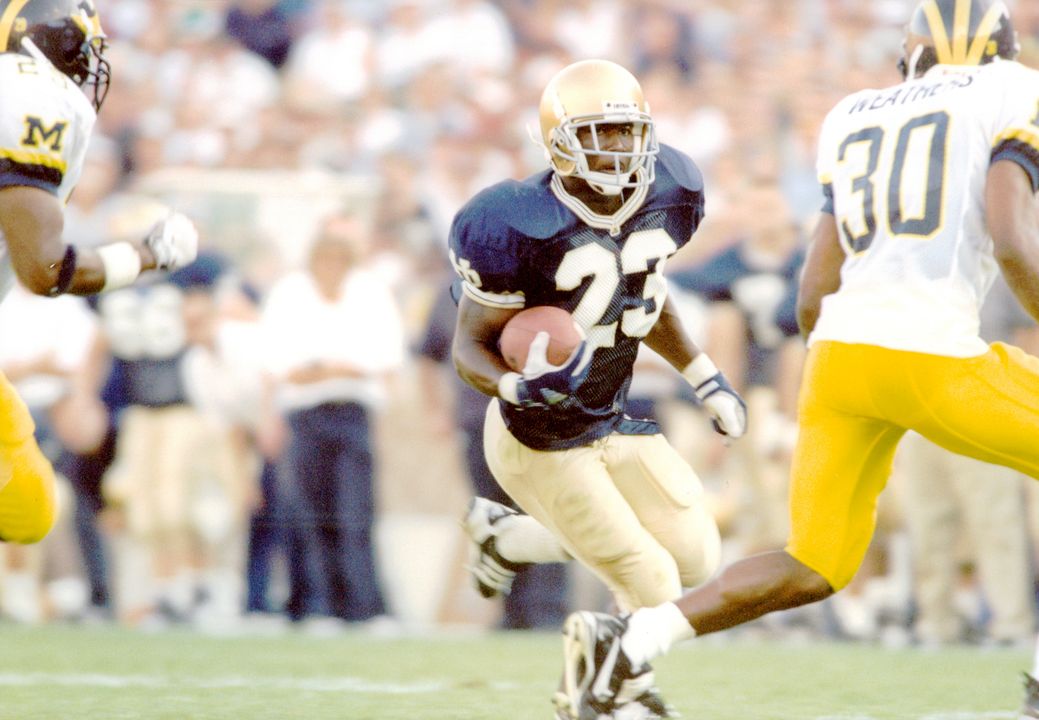 Autry Denson makes his Irish coaching debut on Saturday. In 1996, he ran for 158 yards and a TD in Notre Dame's win at Texas.