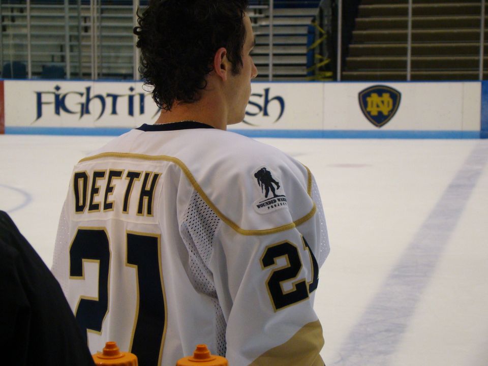 Notre Dame hockey's jersey auction on Jan. 30 will benefit the Wounded Warriors Project.  The group's patch is on the right shoulder of each jersey.