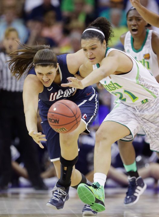 Kayla McBride battles for a loose ball with Connecticut center Stefanie Dolson in last year's Final Four.