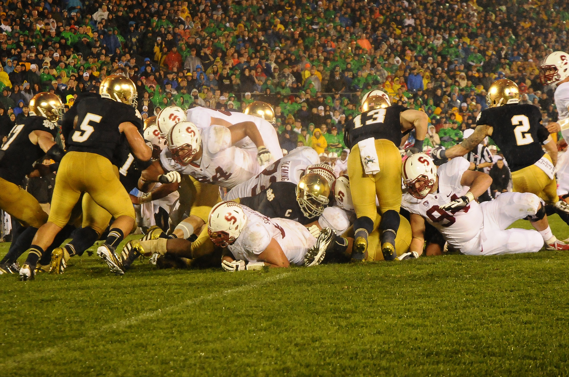 First-And-Goal Classics Notre Dame stopped Stanford on back-to-back plays from the one-yard line in overtime to secure a 20-13 victory over the No. 17 Cardinal on Oct. 13, 2012.