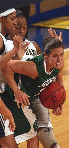 Irish Fall To No. 15 Michigan State In OT Breona Gray and Jacqueline Batteast play tough defense against Lindsay Bowen in the first half.