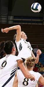 #7 Notre Dame Sweeps Rice In Irish Thanksgiving Invitational Senior Lauren Brewster had 15 kills - all in the first two games - on 31 attempts without an error for a .484 hitting mark vs. Rice. (photo by Matt Cashore)