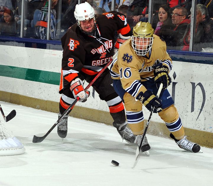 Sophomore forward Mike Voran and his Notre Dame teammates face first-place Ferris State this weekend.