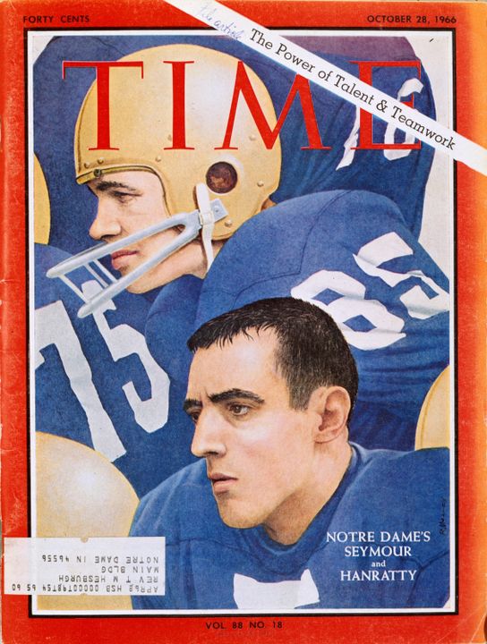 Terry Hanratty ('69) and Jim Seymour ('69), members of the 1966 national championship squad, were featured on the cover of Time Magazine after playing Michigan State on Oct. 26, 1966.