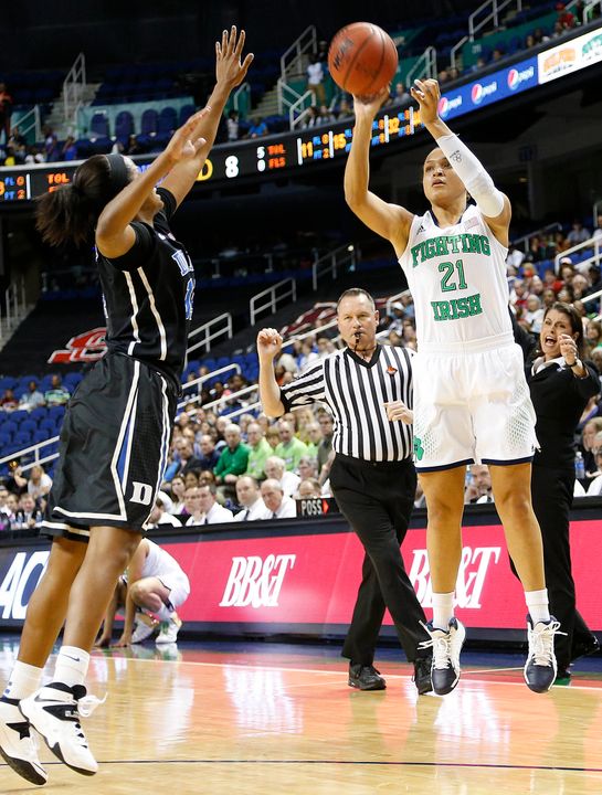 For the first time in program history, two Notre Dame players were named to the USBWA All-America Team when senior guard/tri-captain Kayla McBride (pictured) and sophomore guard Jewell Loyd were named to the elite 10-player squad, it was announced Monday.