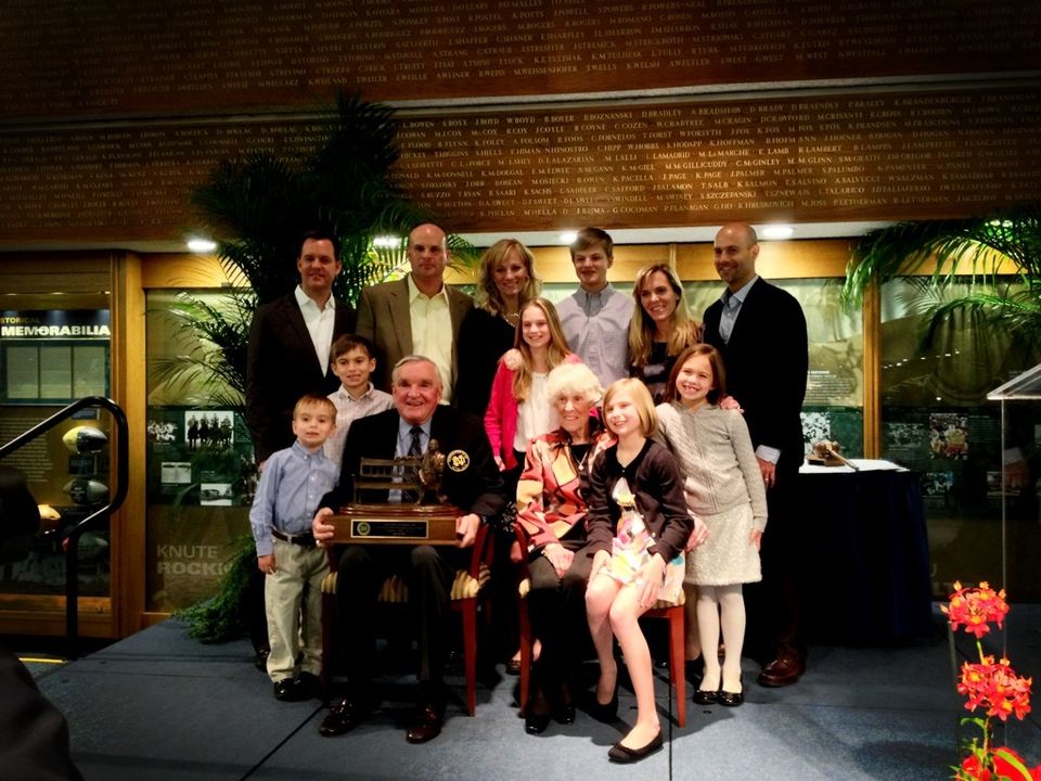 Marty Allen ('58) with his family after receiving the Moose Krause Distinguished Service Award.