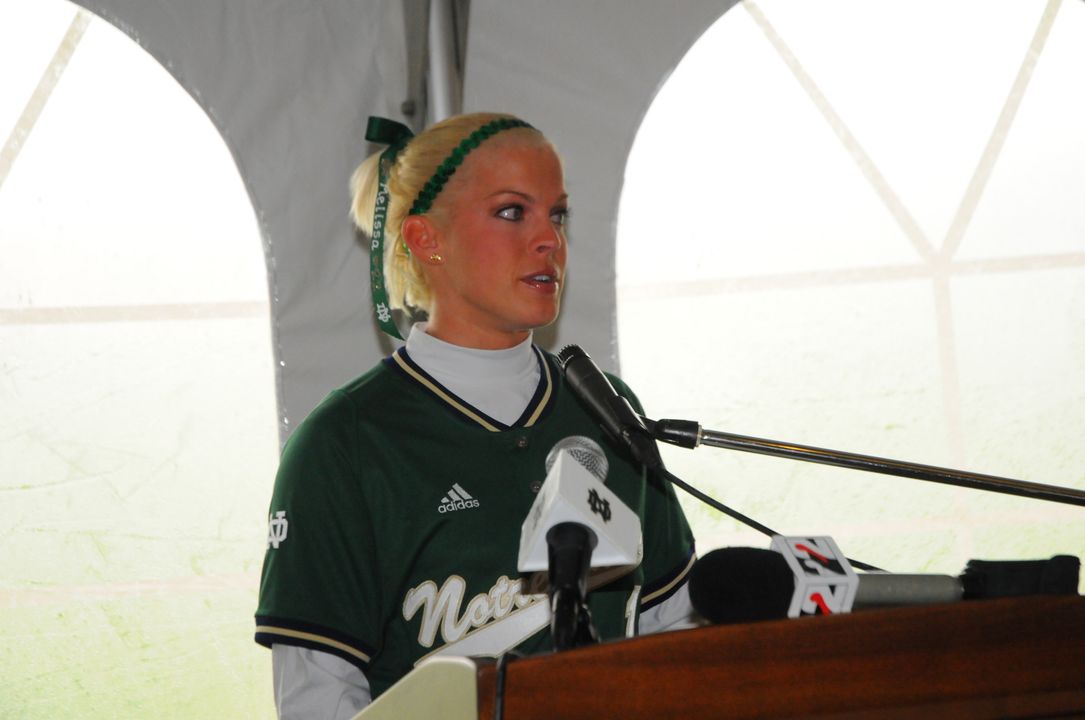Senior Katie Laing spoke during Saturday's stadium dedication.