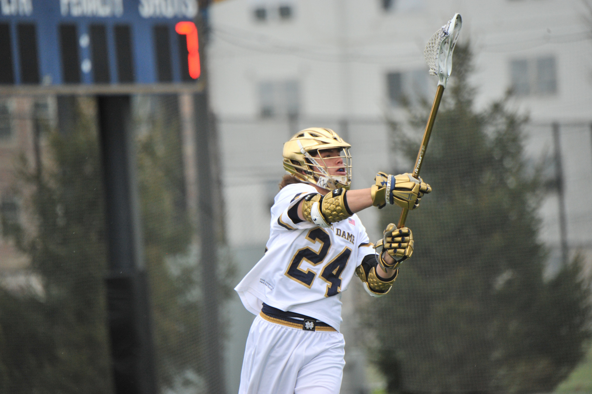 Second-Half Surge Pushes #2 Notre Dame Past #12 Duke in Men’s Lacrosse Notre Dame attack Mikey Wynne throws a pass.