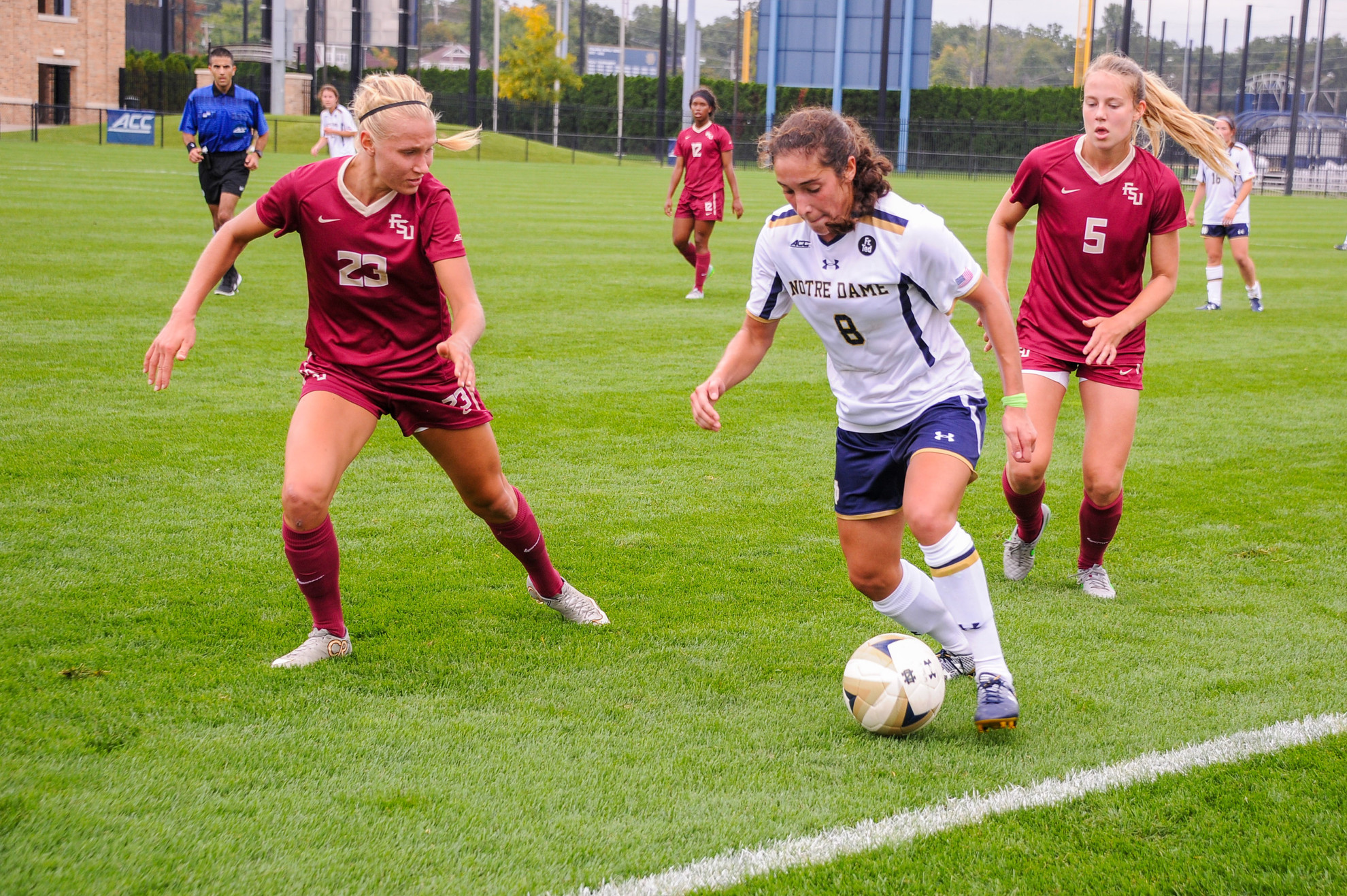 Irish Extra: Final Four-Like Weekend Provides Highlights, Lessons Sophomore midfielder Sabrina Flores dribbles the ball up the field against Florida State on Sunday. The Irish followed a 2-1 double-overtime win over No. 1 Virginia with a 1-0 loss to the Seminoles in a weekend of elite competition.