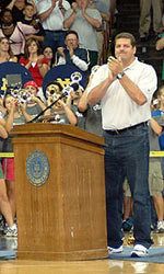 Mike Golic, former Irish football standout and co-host of <i>Mike and Mike in the Morning</i> on ESPN Radio, recently visited campus for a pep rally in the traditional venue - the Joyce Center.