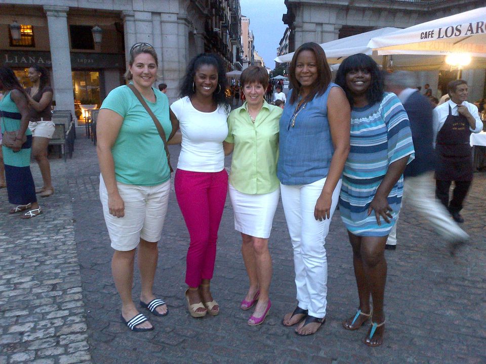 Notre Dame associate head coach Carol Owens (far right) and assistant coach/recruiting coordinator Niele Ivey (second from left) with head coach Muffet McGraw (second from right) and associate director of operations &amp; technology Angie Potthoff (far left) at Plaza Mayor in Madrid. Owens and Ivey returned to Spain this week after originally visiting the country as players years earlier.