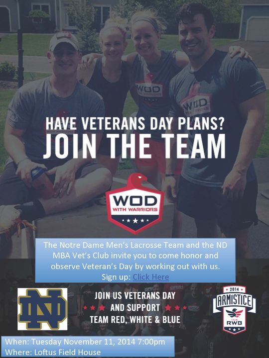 The WOD with Warriors Armistice will be held from 7-8:30 p.m. (ET) on Tuesday inside the Loftus Sports Center.