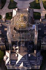 Construction Projects Enhance And Improve Campus The Golden Dome from above with scaffolding in place as it was regilded this past summer with a new sparkling layer of 23.9 karat gold leaf.