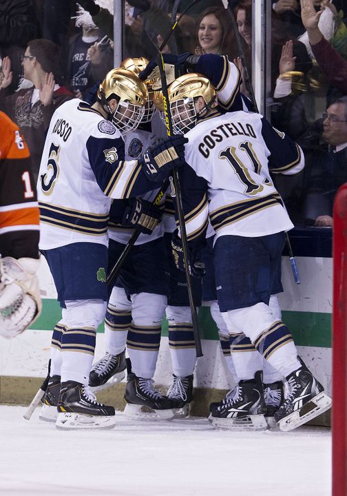 The Irish celebrate Anders Lee's game-winning goal versus Bowling Green.  Next stop Joe Louis Arena on March 23 to face Ohio State in the CCHA semifinals.