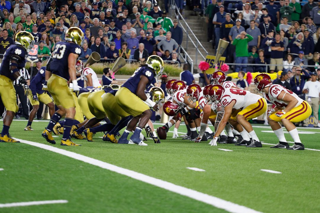 Oct 21, 2017; South Bend, IN, USA; Southern California Trojans quarterback Sam Darnold (14) takes a snap under center against the Notre Dame Fighting Irish at Notre Dame Stadium. Mandatory Credit: Brian Spurlock-USA TODAY Sports