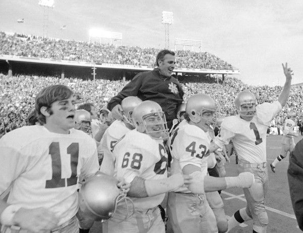 Fighting Irish head coach Ara Parseghian is carried off the field following his team's stunning 24-11 victory over top-ranked Texas in the 1971 Cotton Bowl - Notre Dame's first bowl win since 1925.