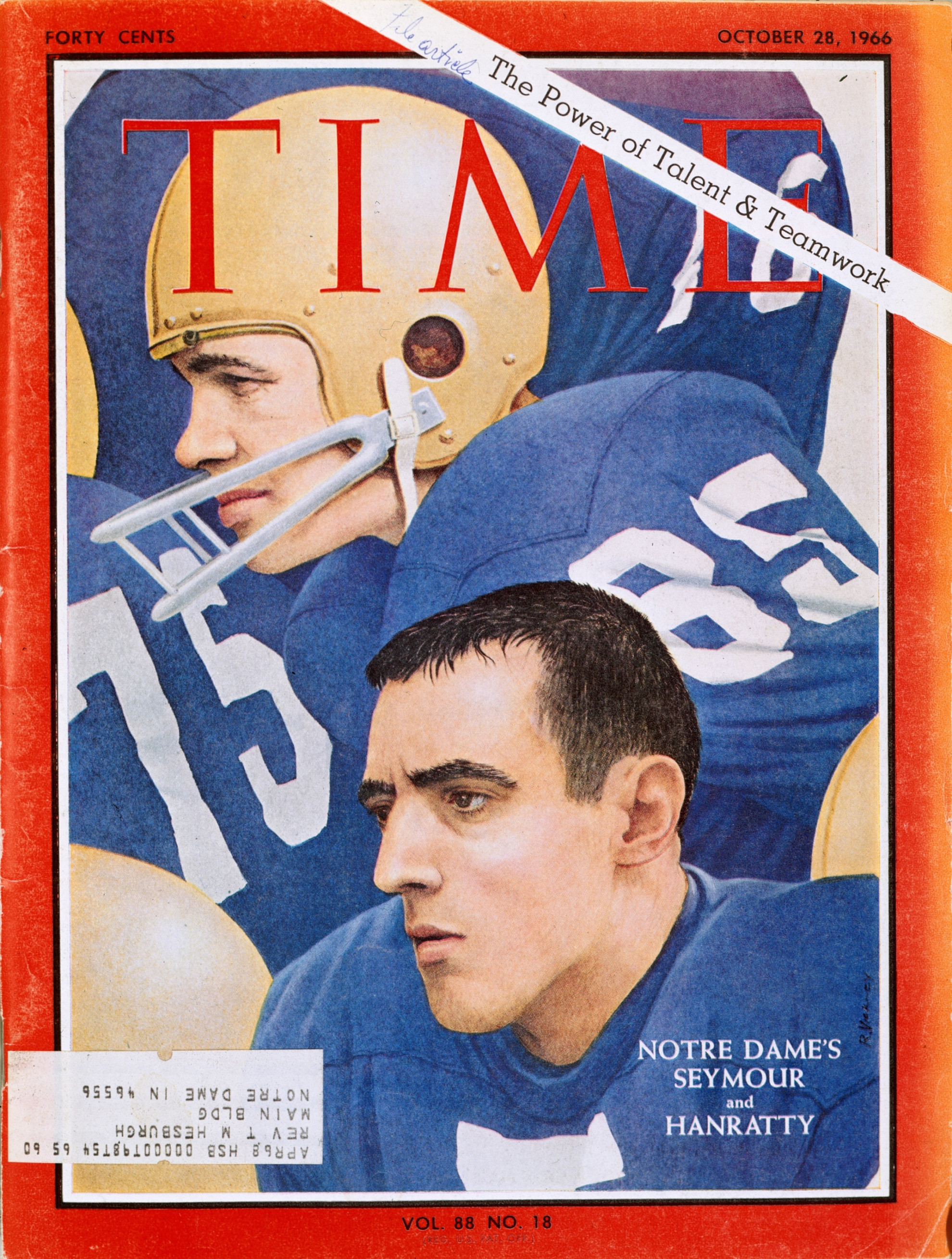 Monogram Club Schedule of Events: Michigan State Weekend Terry Hanratty ('69) and Jim Seymour ('69), members of the 1966 national championship squad, were featured on the cover of Time Magazine after playing Michigan State on Oct. 26, 1966.