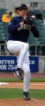 Notre Dame Baseball Continues To Rank Among Nation’s Top Programs On The Field And In The Classroom Senior pitcher Tom Thornton's many noteworthy career numbers at Notre Dame include a 3.74 ERA, 20 wins - and a 3.54 cumulative GPA as one of the team's leading Academic All-America candidates (photos by Pete LaFleur).