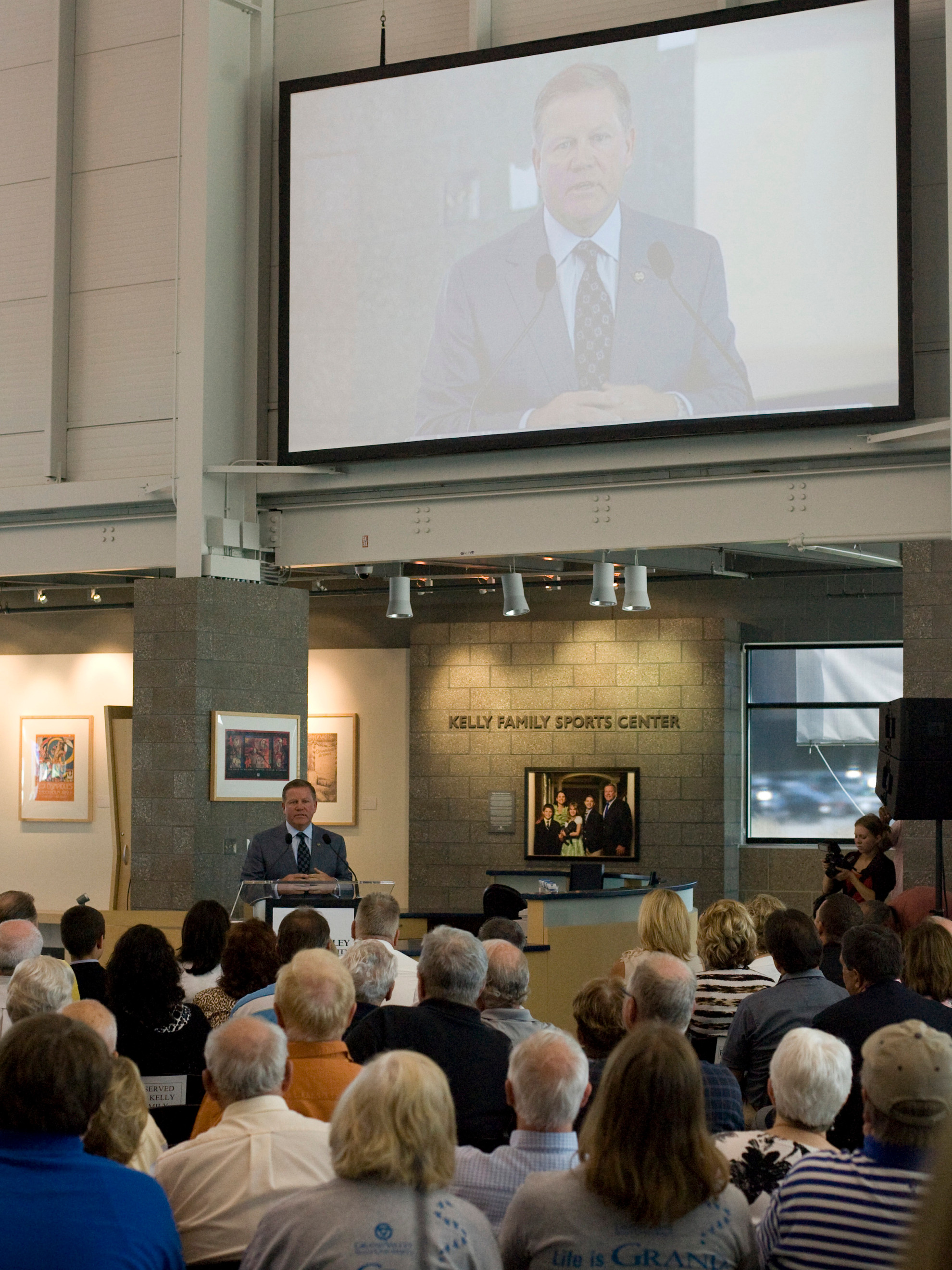 Grand Valley State Unveils The Kelly Family Sports Center Brian Kelly addresses an overflow crowd at the dedication of the Kelly Family Sports Center on the campus of Grand Valley State University