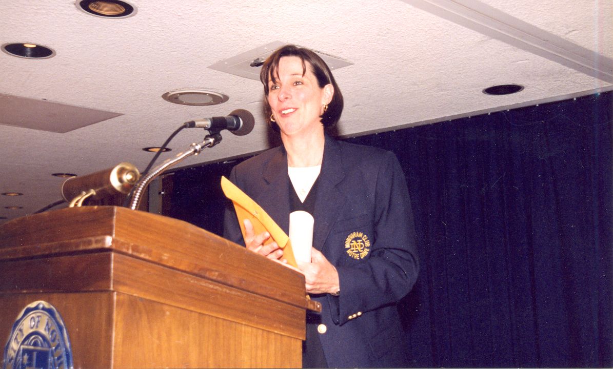 Notre Dame head volleyball coach Debbie Brown earned an honorary monogram at a ceremony in 1999.