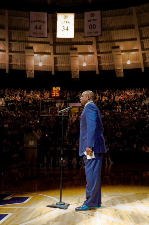 Carr addresses the sell-out Purcell Pavilion crowd after his banner is unveiled (photo by Mike Bennett).