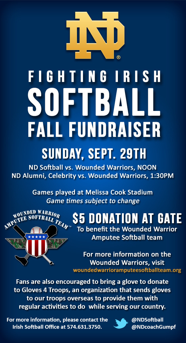 Softball To Host Fundraiser Benefitting Wounded Warriors The Notre Dame softball team hosts the Wounded Warrior Amputee Softball Team Sunday at Melissa Cook Stadium