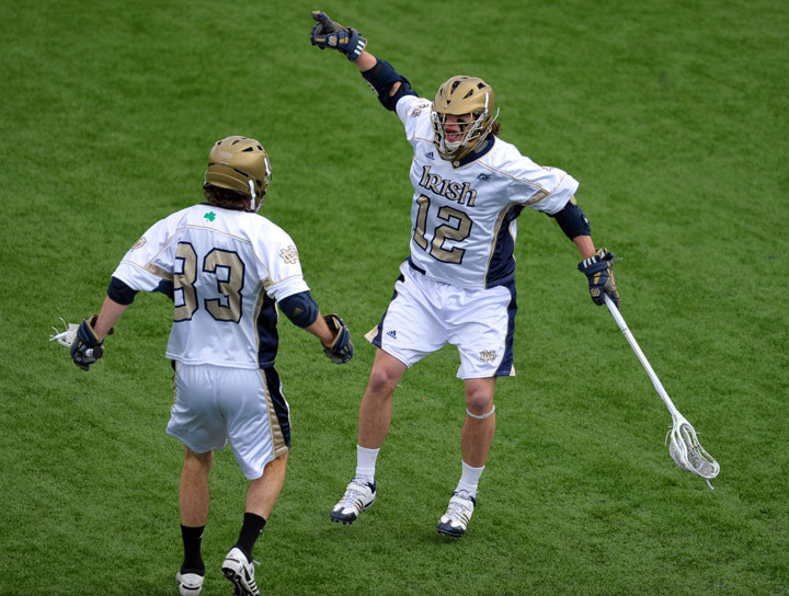 No. 2 Irish Top No. 8 Villanova 12-8 To Remain Undefeated Freshman attackman Westy Hopkins celebrates one of his three goals against Villanova.