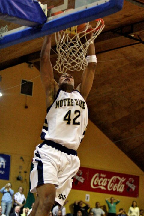 This dunk by Ryan Ayers with 2.1 seconds remaining lifted Notre Dame to a 90-88 win over Ireland in the opening game of the Emerald Hoops International Series on Thursday night in Dublin, Ireland. <i>(photo by Tish Brey)</i>