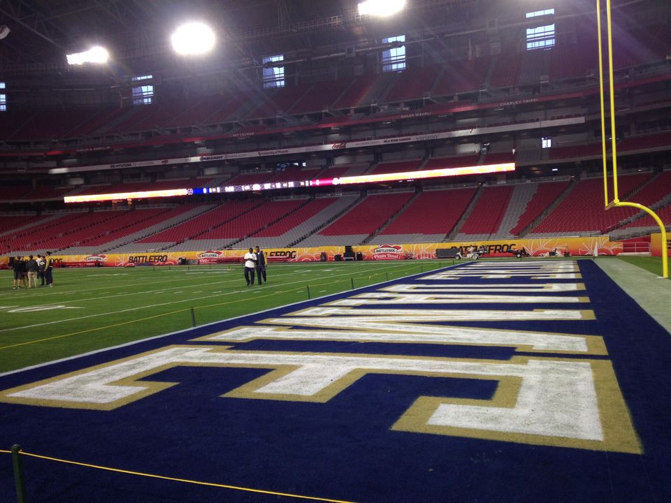 The home of Super Bowls XLII and XLIX is set up and awaits the Fighting Irish on Friday.