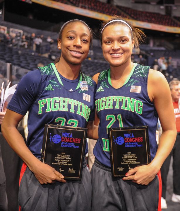 For the second consecutive season, Notre Dame has had two players named to the WBCA Coaches' All-America Team, with sophomore guard Jewell Loyd (left) and senior guard/tri-captain Kayla McBride (right) receiving the prestigious honor on Saturday afternoon at Bridgestone Arena in Nashville, Tenn.