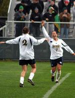 Kerri Hanks (2) and Katie Thorlakson (7) celebrate a goal during the 6-1 win over Georgetown while becoming the third set of ND teammates ever to each post 50-plus points in a season (photos by Marcus Snowden).