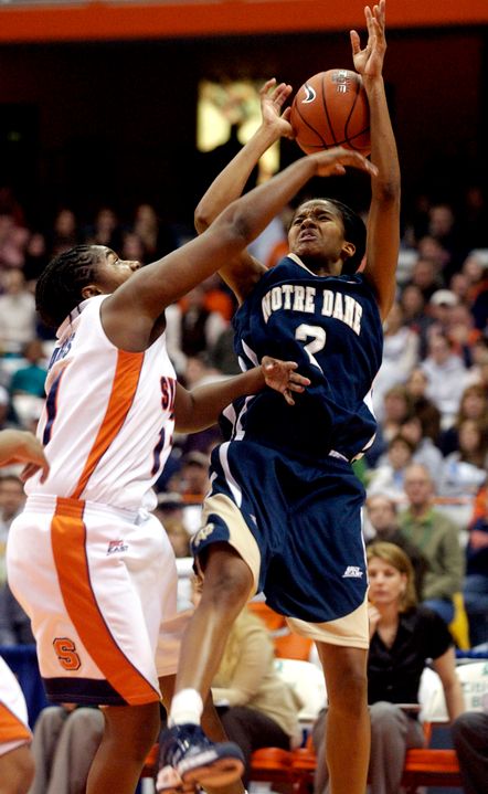 Notre Dame's Charel Allen, right, is fouled by Syracuse's Tasha Harris during the second half (AP Photo)
