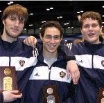 Epee champion Michal Sobieraj (left), sabre runner-up Patrick Ghattas (center) and 7th-place foilist Jakub Jedrkowiak (right) were among the podium honorees following the '05 NCAA men's fencing competition (photo by Danielle Davis).