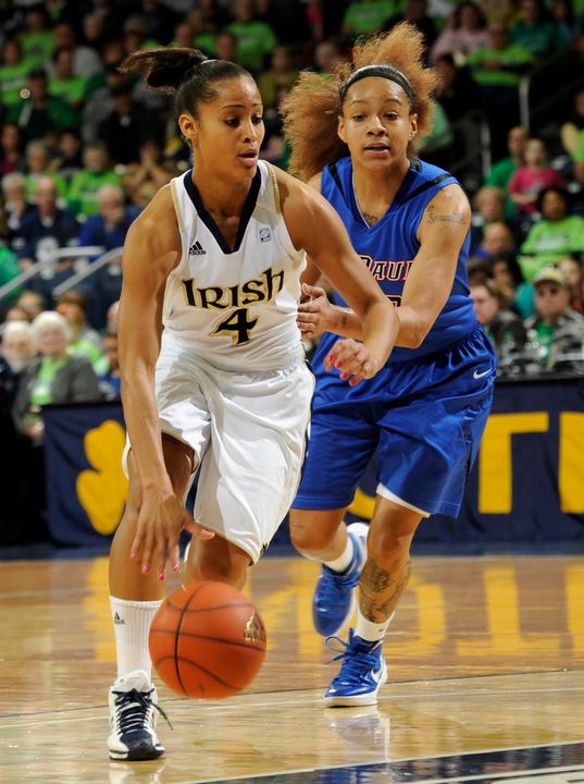 Notre Dame leads the nation with three players among the 20 named to the 2012 USBWA Women's Player of the Year Midseason Watch List - junior guard Skylar Diggins (pictured), senior guard Natalie Novosel and fifth-year senior forward Devereaux Peters.