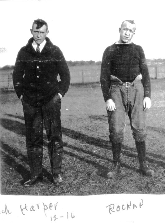 Jesse Harper, the coach (left) and Knute Rockne, the player (right) in 1913. From 1913-17, Jesse Harper served as Notre Dame's athletic director and head coach in football, basketball and baseball.  He compiled a combined 139-53-1 record for a .723 winning percentage in those three sports.  Harper was inducted into the College Football Hall of Fame as a coach in 1971.